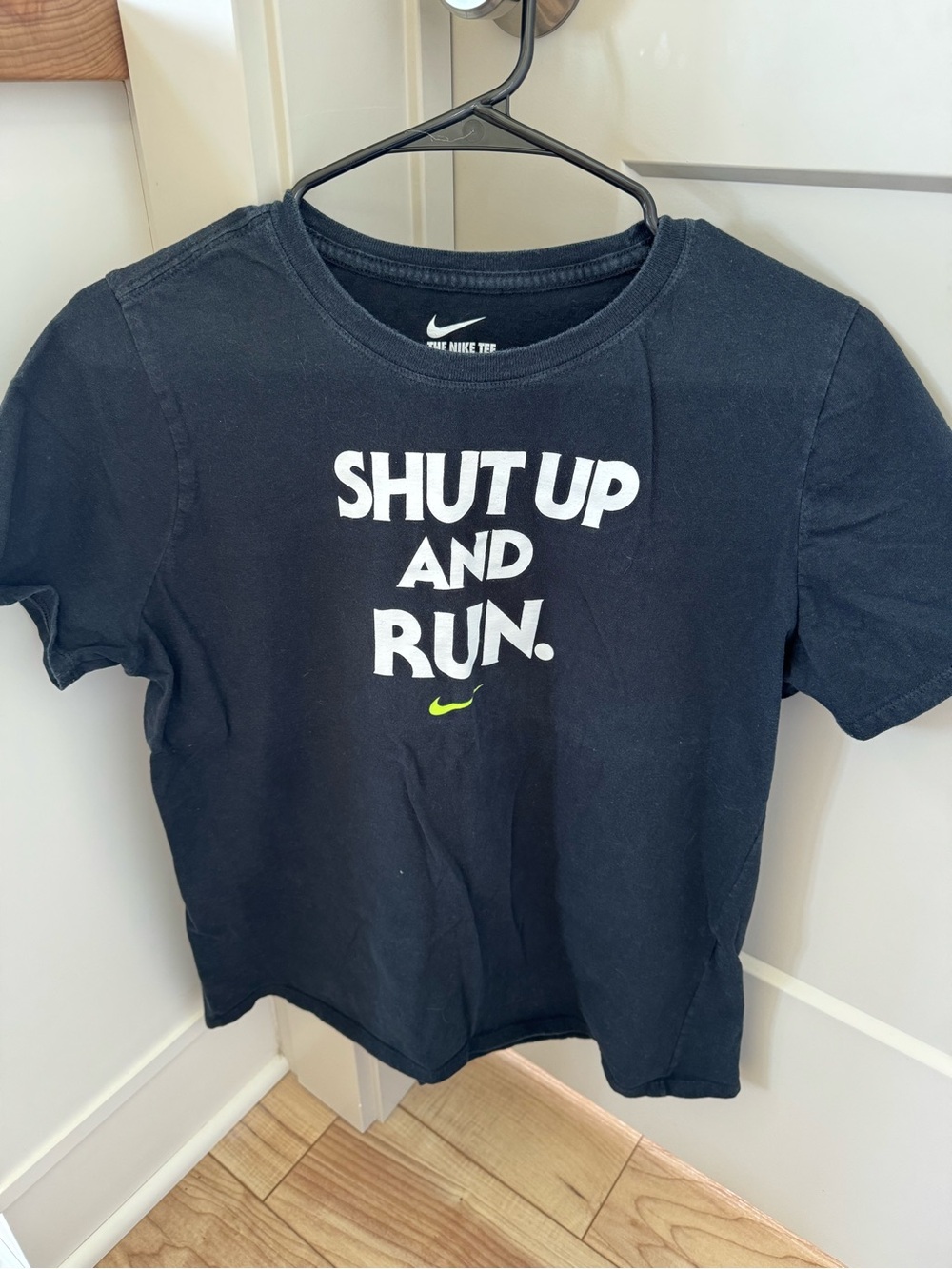 Nike Black Tee with White "Shut Up and Run." Graphic